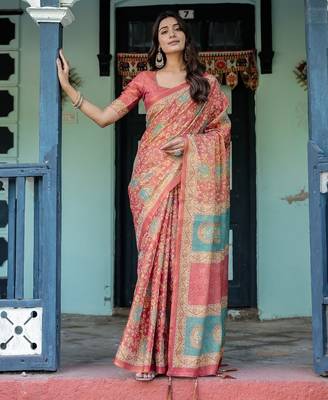 Coral colour ready to wear saree with unstitched blouse 1