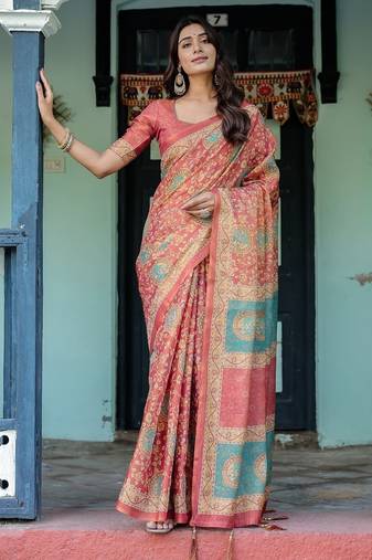 Coral colour ready to wear saree with unstitched blouse