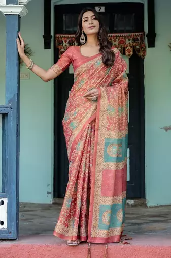 Coral colour ready to wear saree with unstitched blouse