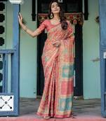 Coral colour ready to wear saree with unstitched blouse