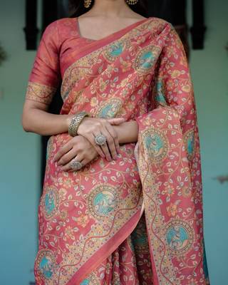 Coral colour ready to wear saree with unstitched blouse 3