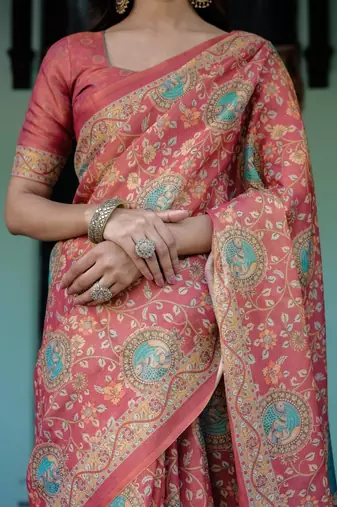 Coral colour ready to wear saree with unstitched blouse