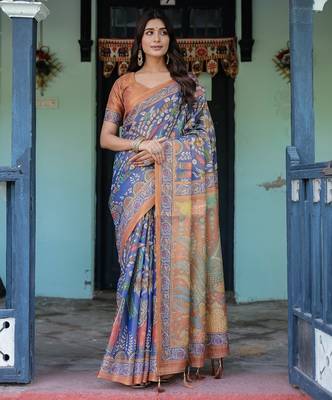Blue colour ready to wear saree with unstitched blouse 1