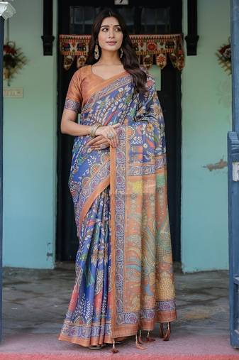Blue colour ready to wear saree with unstitched blouse