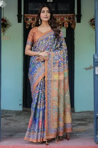 Blue colour ready to wear saree with unstitched blouse