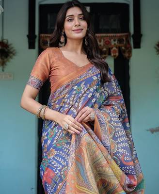 Blue colour ready to wear saree with unstitched blouse 2