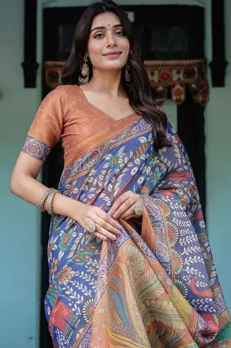 Blue colour ready to wear saree with unstitched blouse