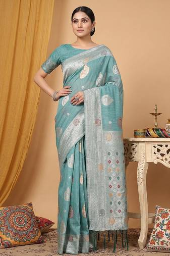 Sea green colour linen cotton saree with woven butti & tassel pallu