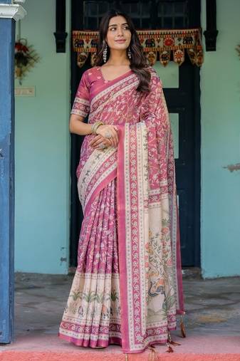 Pink colour ready to wear saree with unstitched blouse