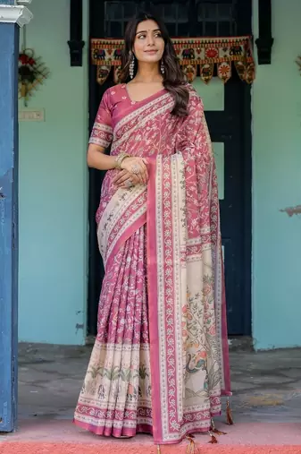 Pink colour ready to wear saree with unstitched blouse