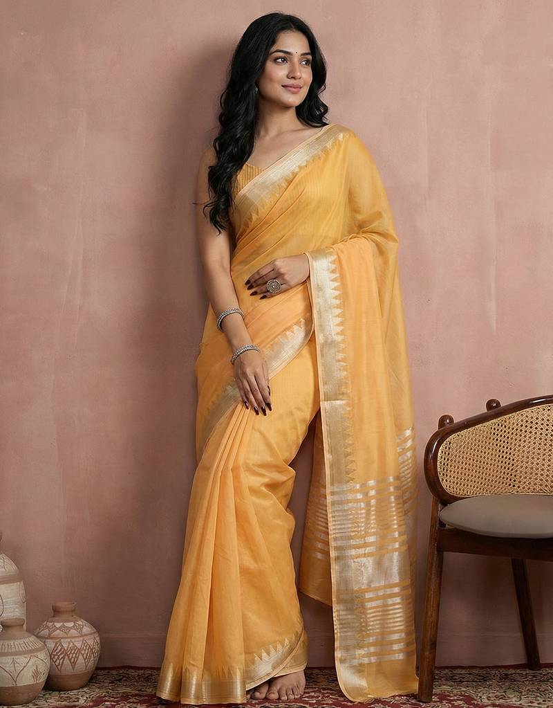 Yellow colour cotton saree with zari border & blouse piece