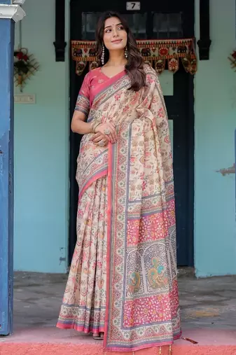 Cream colour ready to wear saree with unstitched blouse