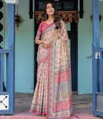 Cream colour ready to wear saree with unstitched blouse