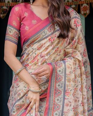 Cream colour ready to wear saree with unstitched blouse 2