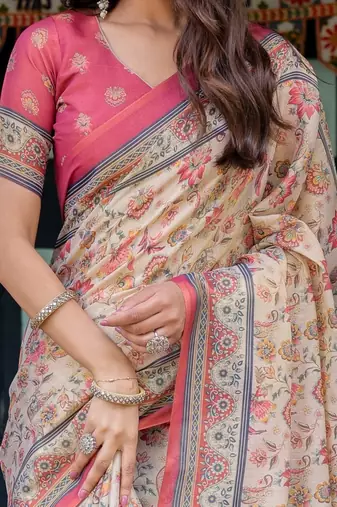 Cream colour ready to wear saree with unstitched blouse