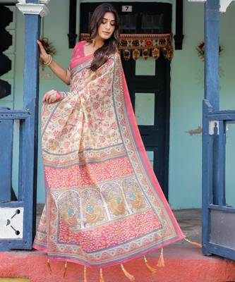 Cream colour ready to wear saree with unstitched blouse 3