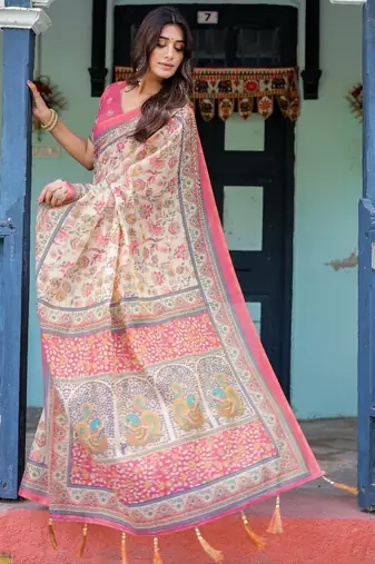 Cream colour ready to wear saree with unstitched blouse