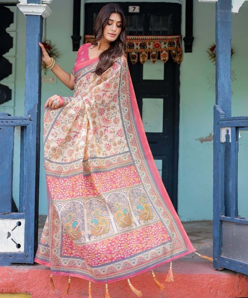 Cream colour ready to wear saree with unstitched blouse