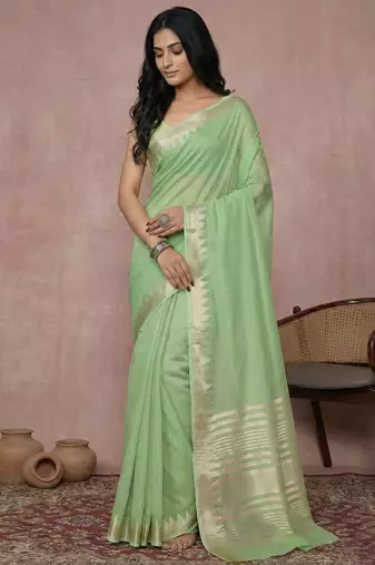 Light green colour cotton saree with zari border & blouse piece
