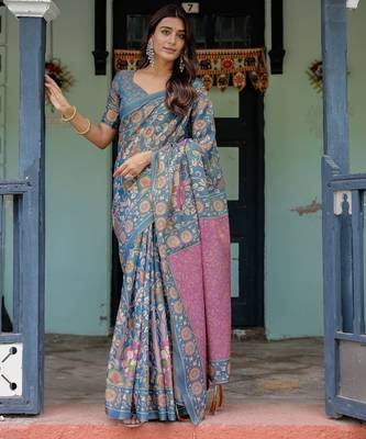 Blue colour ready to wear saree with unstitched blouse 1