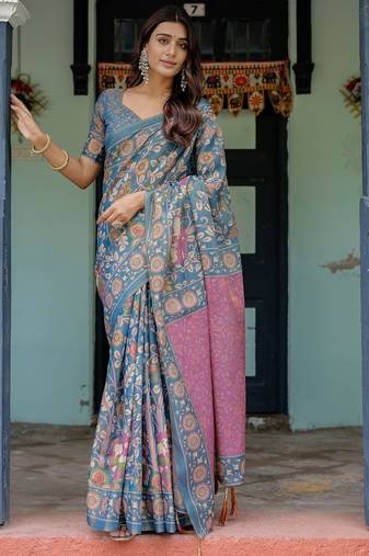 Blue colour ready to wear saree with unstitched blouse