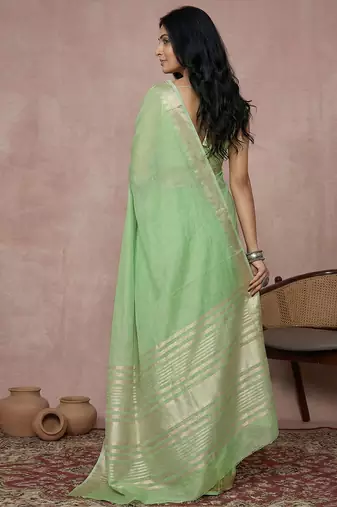 Light green colour cotton saree with zari border & blouse piece