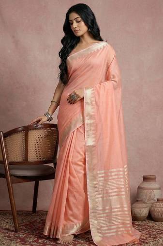 Peach colour cotton saree with zari border & blouse piece