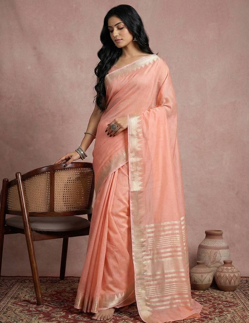 Peach colour cotton saree with zari border & blouse piece