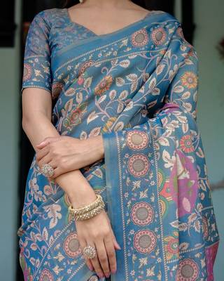 Blue colour ready to wear saree with unstitched blouse 3