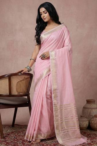 Light pink colour cotton saree with zari border & blouse piece