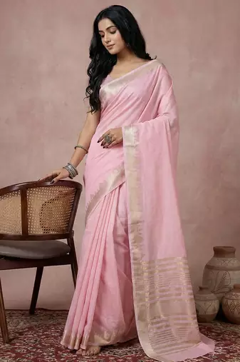 Light pink colour cotton saree with zari border & blouse piece