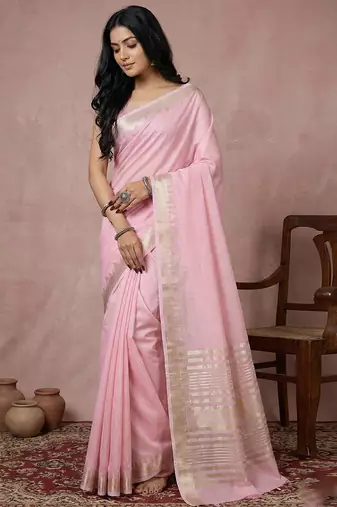 Light pink colour cotton saree with zari border & blouse piece