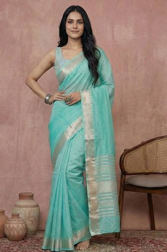 Sky blue colour cotton saree with zari border & blouse piece