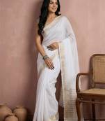 White colour cotton saree with zari border & blouse piece