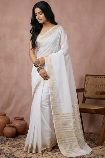 White colour cotton saree with zari border & blouse piece