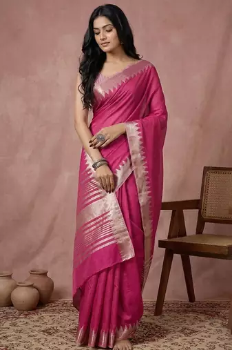 Wine colour cotton saree with zari border & blouse piece