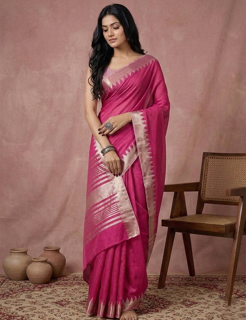 Wine colour cotton saree with zari border & blouse piece