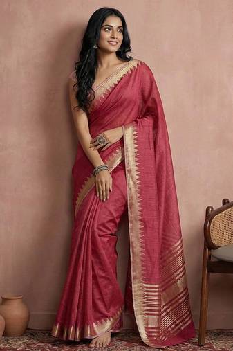 Maroon colour cotton saree with zari border & blouse piece