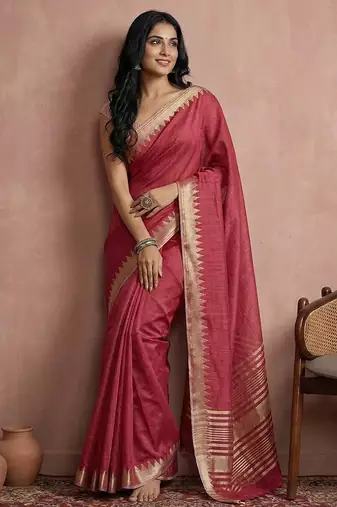 Maroon colour cotton saree with zari border & blouse piece