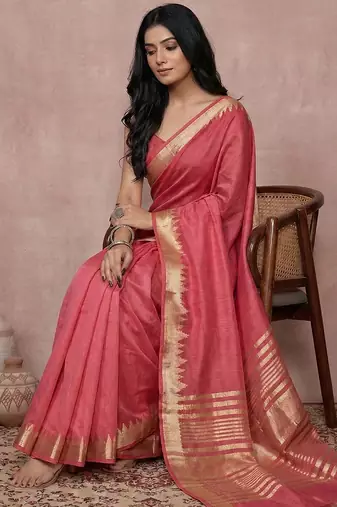 Maroon colour cotton saree with zari border & blouse piece