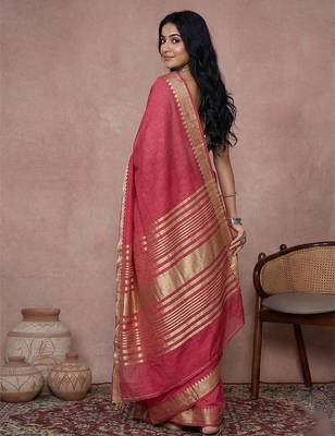 Maroon colour cotton saree with zari border & blouse piece 3
