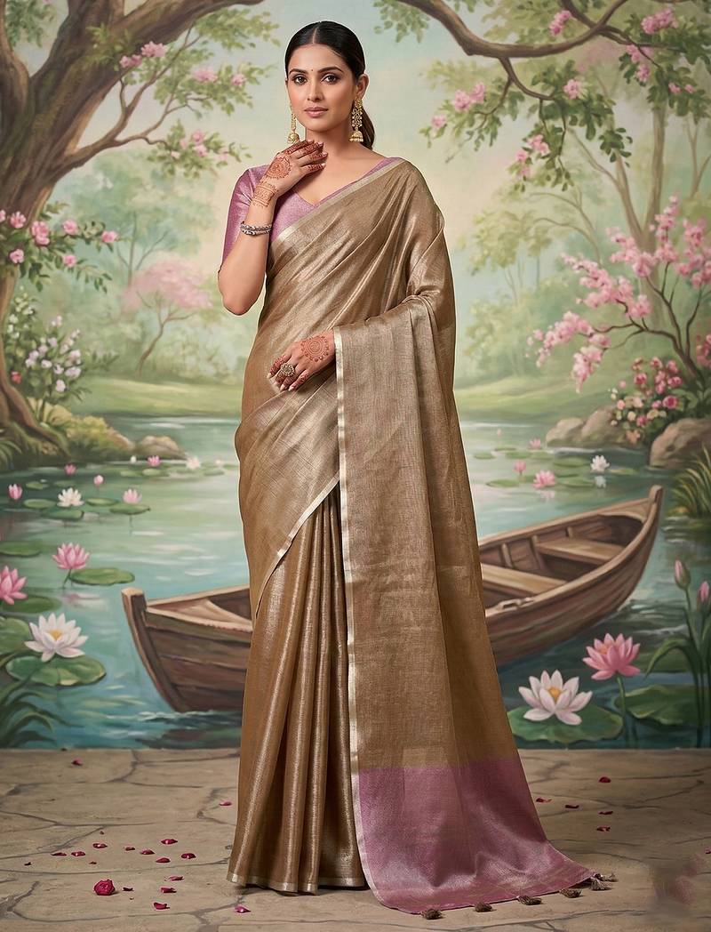 Brown colour tissue silk saree with silver grey pallu & tassels