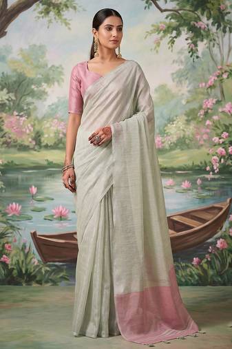 Silver colour tissue silk saree with silver grey pallu & tassels
