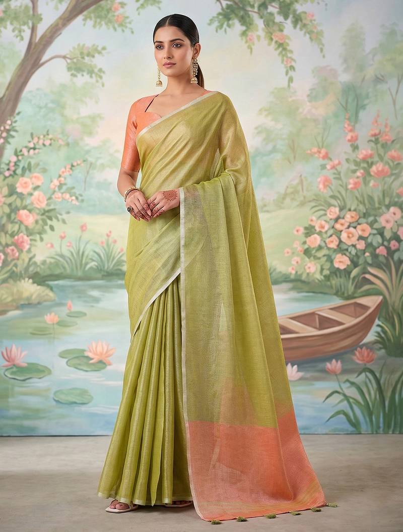Green colour tissue silk saree with silver grey pallu & tassels