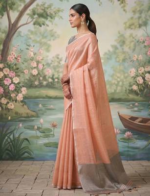 Peach colour tissue silk saree with silver grey pallu & tassels 2