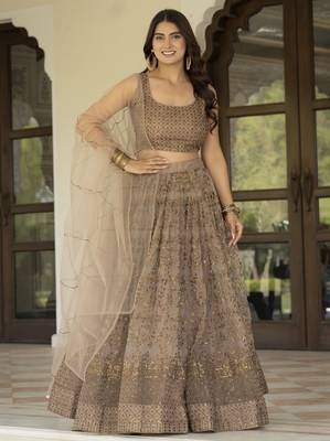 Brown Zari and Sequins Embroidered Net fabric indian Lettest Designer Wedding Lehenga choli 1