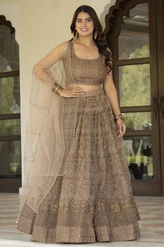 Brown Zari and Sequins Embroidered Net fabric indian Lettest Designer Wedding Lehenga choli