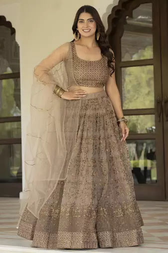 Brown Zari and Sequins Embroidered Net fabric indian Lettest Designer Wedding Lehenga choli
