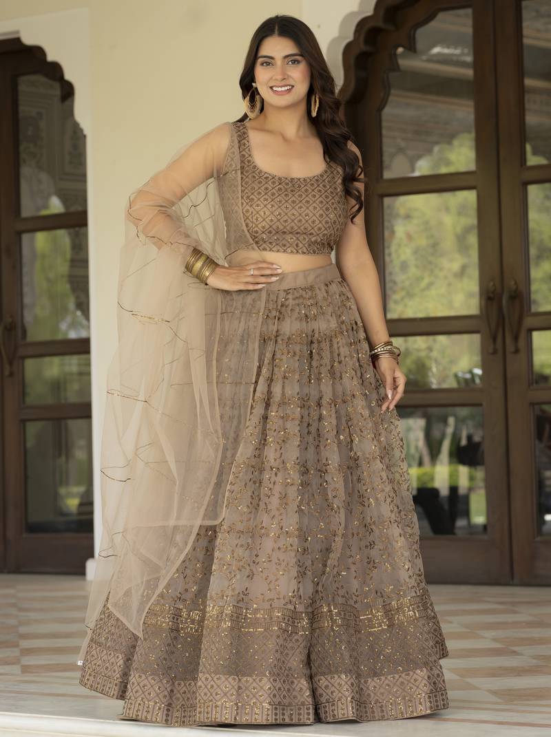 Brown Zari and Sequins Embroidered Net fabric indian Lettest Designer Wedding Lehenga choli