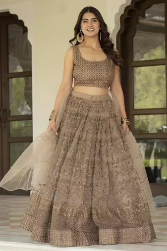 Brown Zari and Sequins Embroidered Net fabric indian Lettest Designer Wedding Lehenga choli